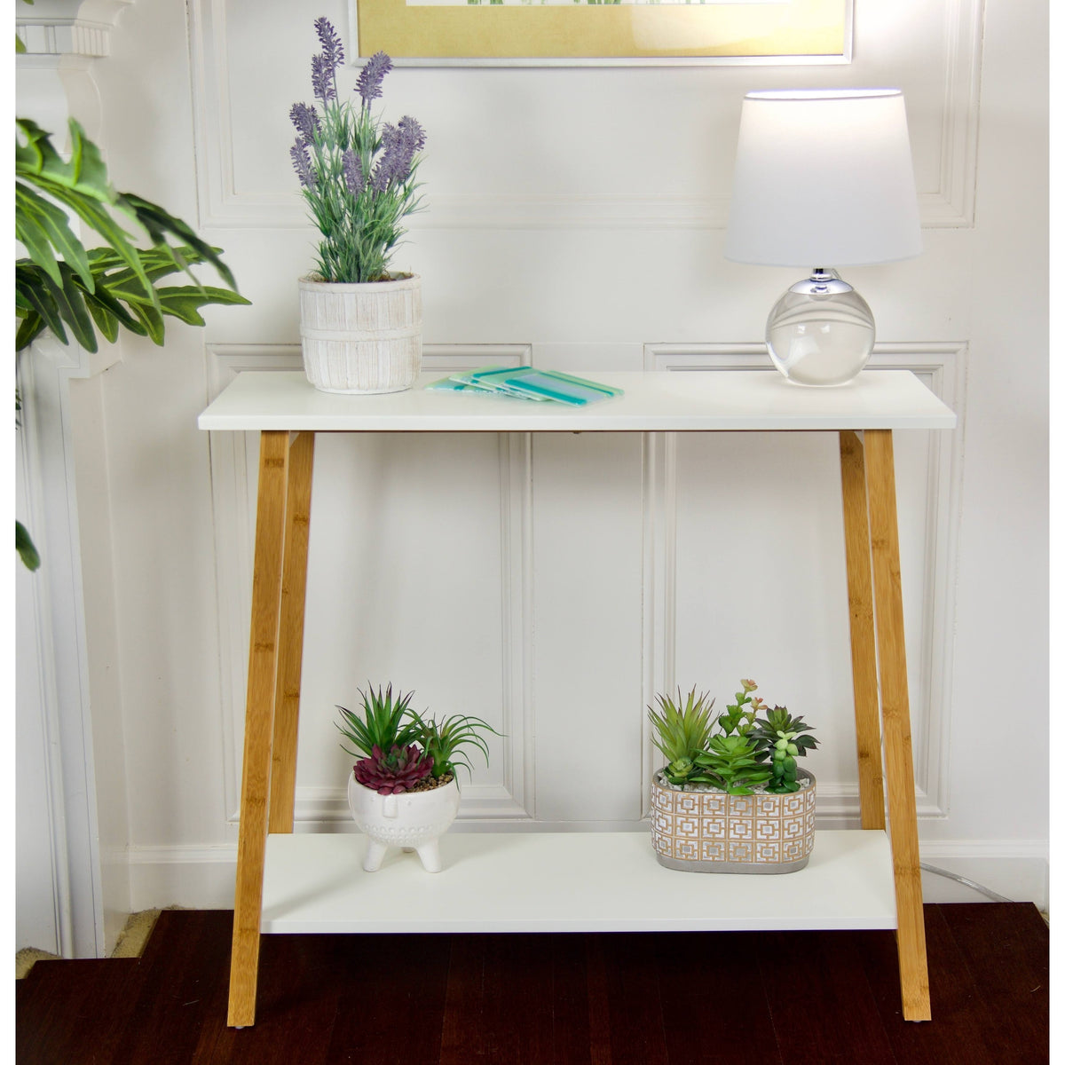 White 2-Tier Solid Bamboo Console Table U2402