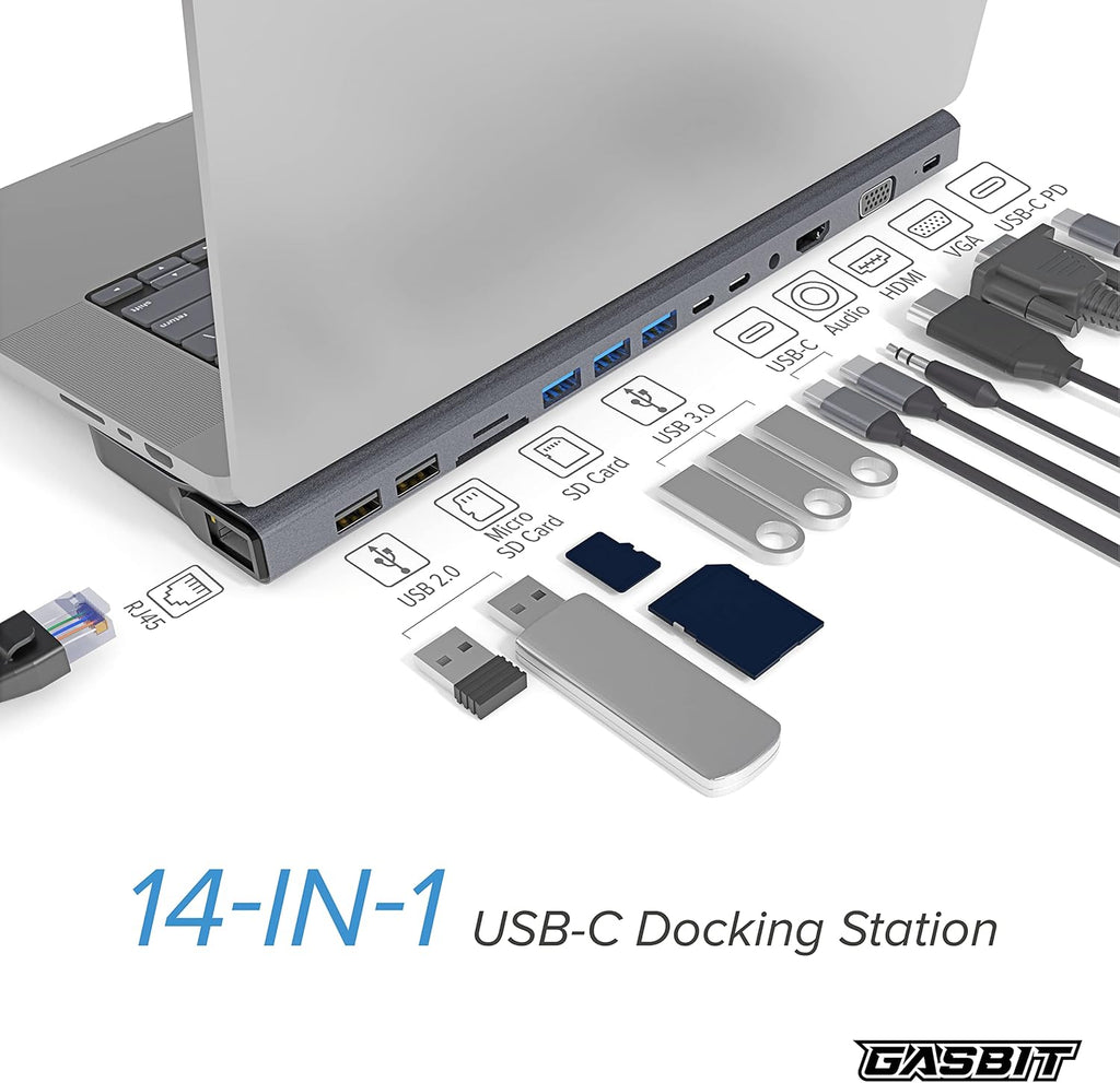 14-in-1 USB C Hub Multiport Adapter with HDMI, VGA, SD Card Reader, Ethernet, USB 3.0, USB-C PD & Audio Jack, Pack of 2 Y83956