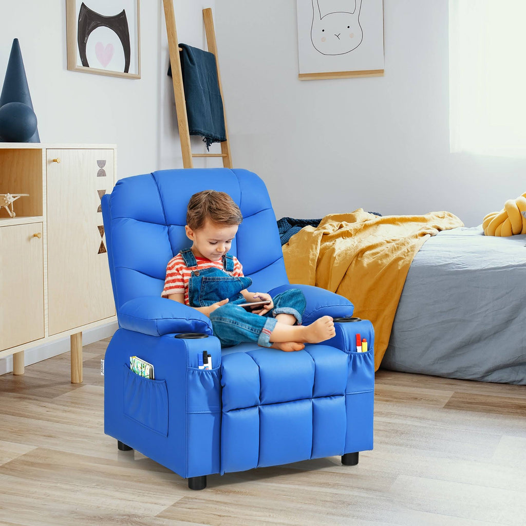 Blue PU Leather Kids Recliner Chair with Cup Holders Q84454