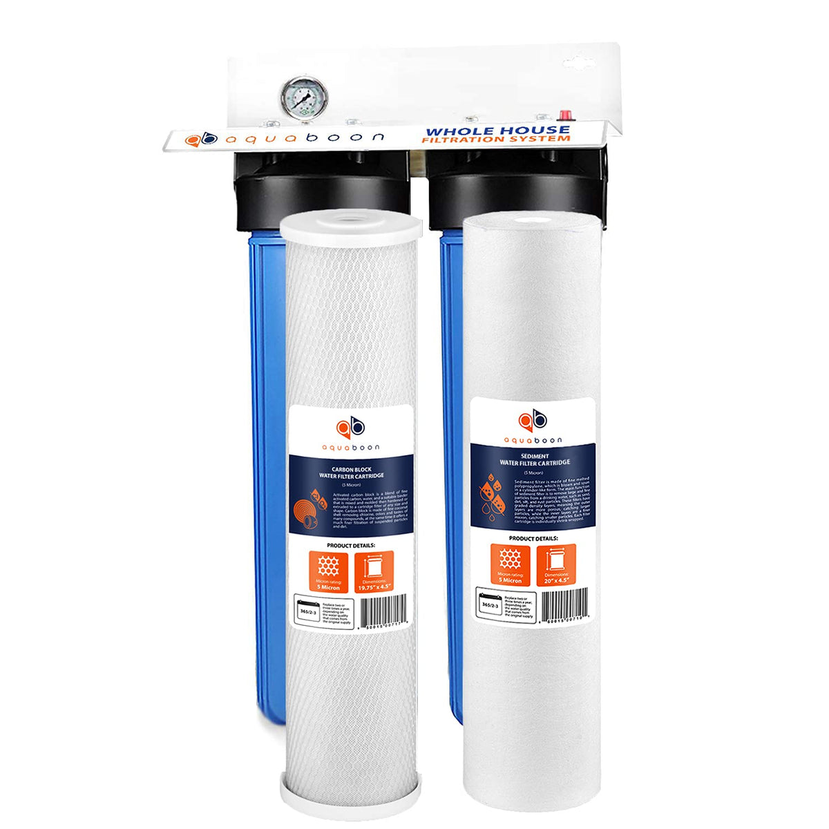 2-Stage 20 Whole House Filtration System with Housing Bracket, Pressure Gauges, Carbon Block, Sediment Filter Cartridges M827
