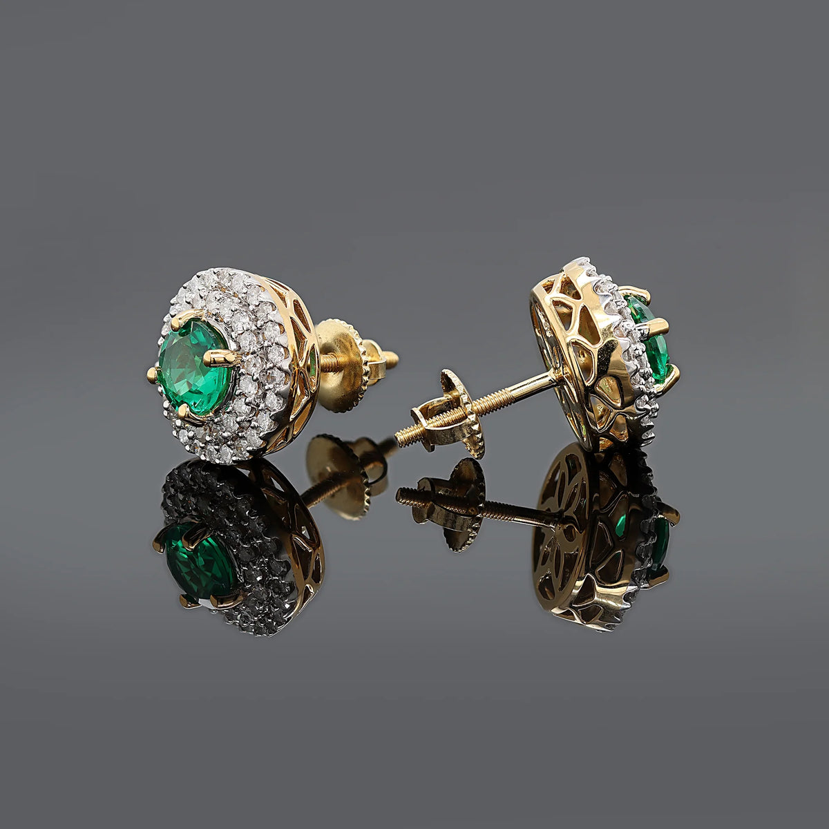 3 Carat Round Green Emerald and Natural Diamond Double Halo Stud Earrings in 18K Yellow Gold Plated A7975