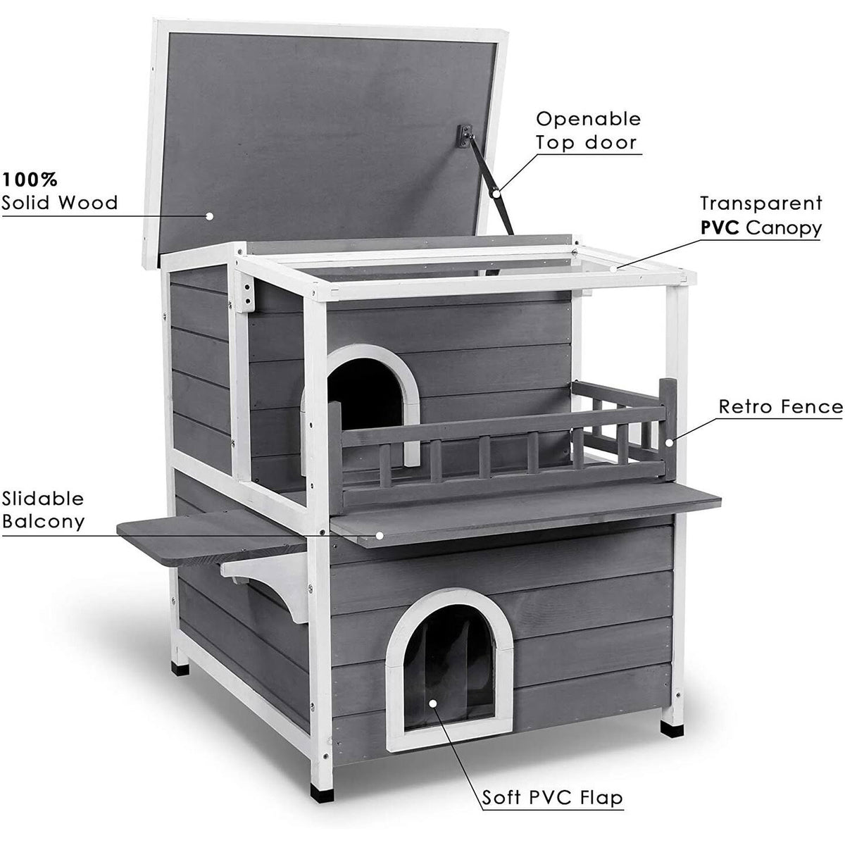 2-Story Weatherproof Wooden Cat Shelter House with Transparent PVC Canopy W246