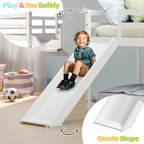 White Twin Wood Bunk Bed with Slide and Ladder J231279