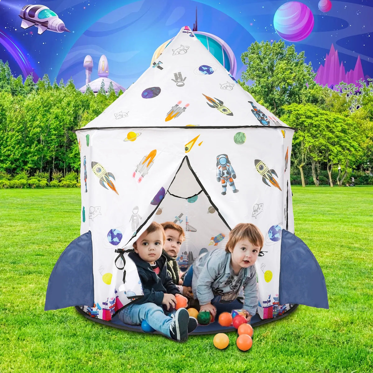 Kids Tent Rocket Ship Toy Foldable Space Themed Indoor Outdoor Large Play Tent C872