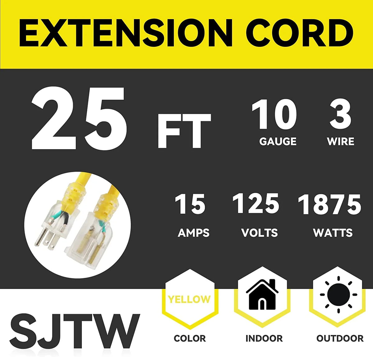 25 Ft 10/3 SJTW Yellow Outdoor/Indoor Extension Cord G72900