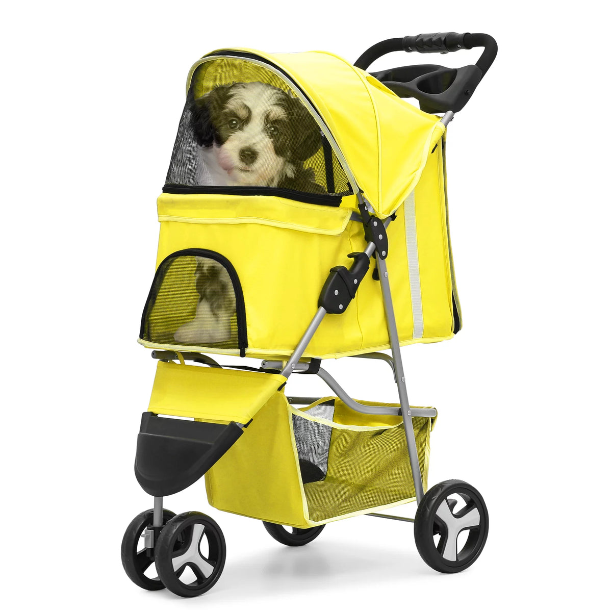 Foldable Pet Stroller with Wheels, Storage Basket and Cup Holder, Navy Blue S7069