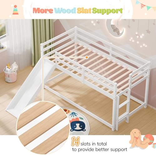 White Twin Wood Bunk Bed with Slide and Ladder J231279