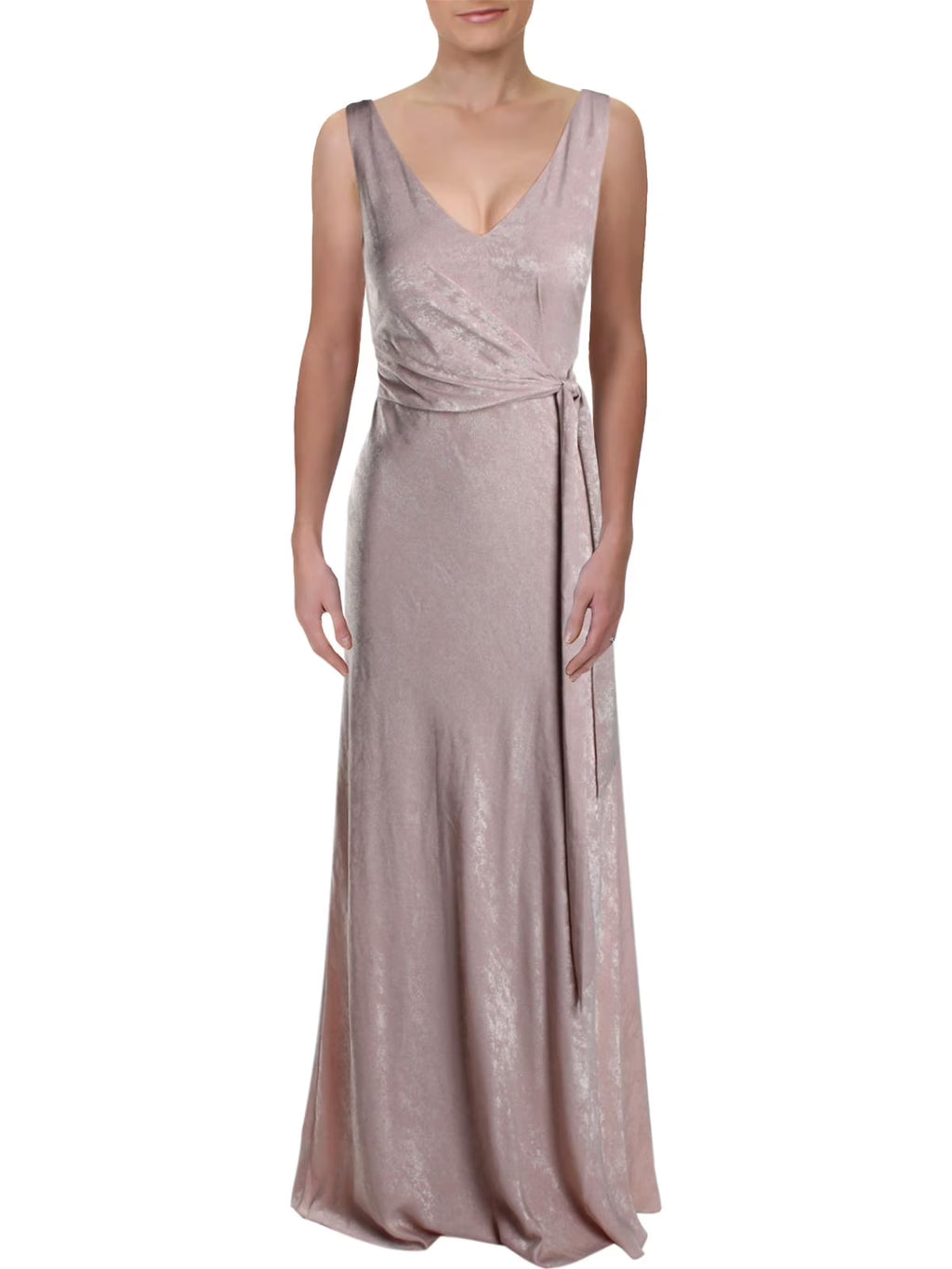 Pink Tie Front Sleeveless V Neck Maxi Sheath Dress S640