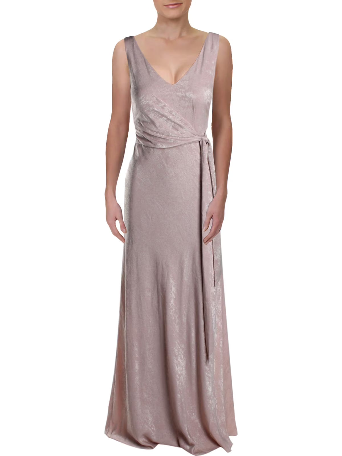 Pink Tie Front Sleeveless V Neck Maxi Sheath Dress S640