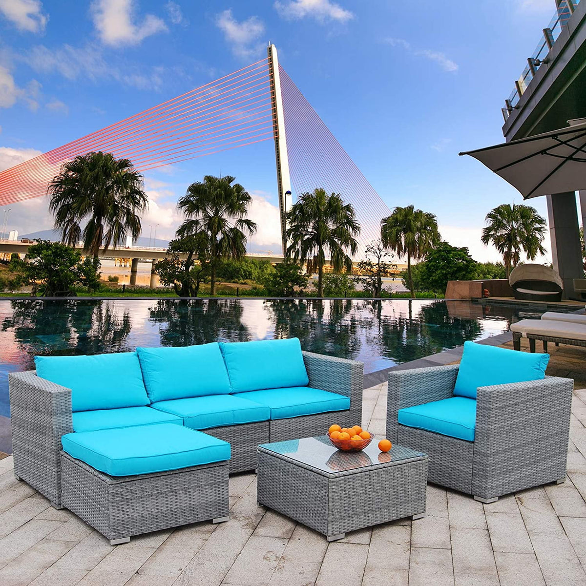 6 Pieces PE Rattan Wicker Outdoor Sofa Conversation Set with Cushions F98478
