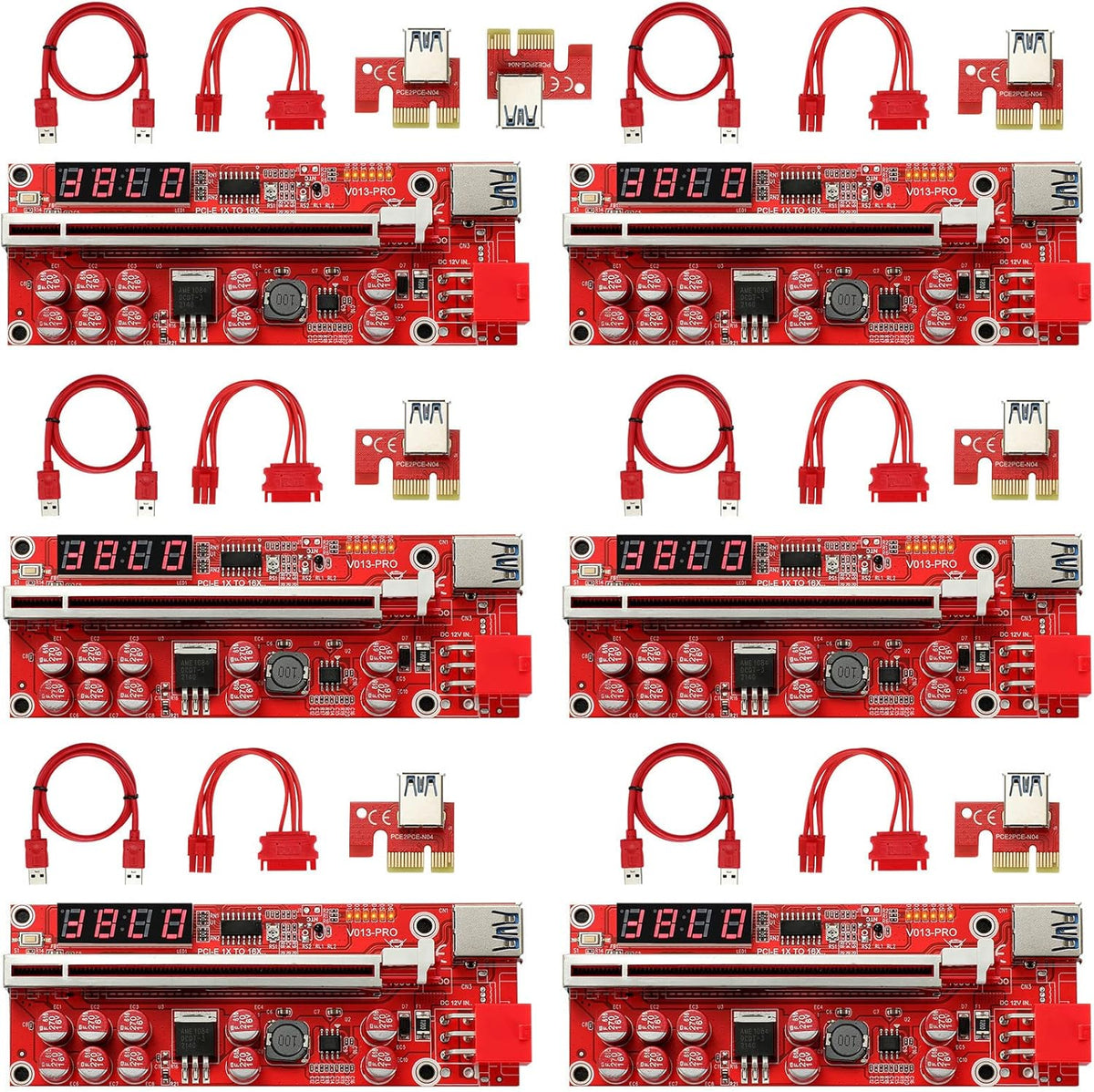 Black PCI-E 1X to 16X Riser Card with 24in USB 3.0 Extension Cable & 6PIN SATA Power Cable (6 Pieces) Y2330