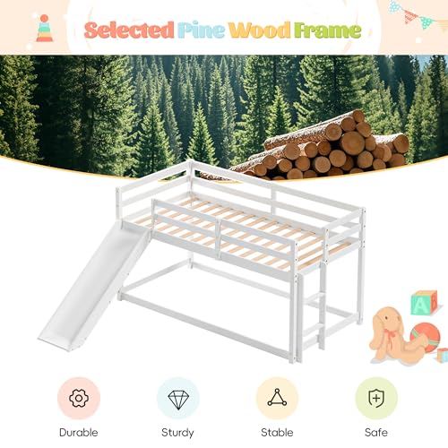 White Twin Wood Bunk Bed with Slide and Ladder J231279