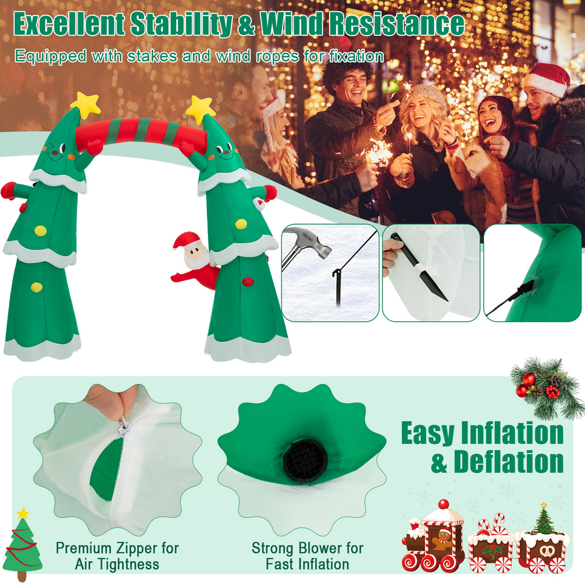 11FT Inflatable Christmas Tree Arch with Santa Claus LED Lights Y9366