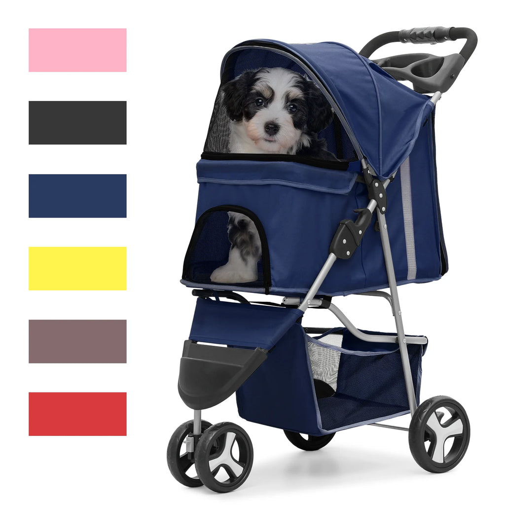 Foldable Pet Stroller with Wheels, Storage Basket and Cup Holder, Navy Blue S7069