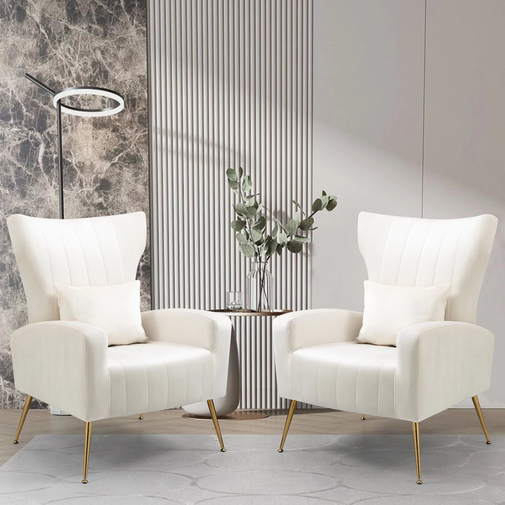 White Velvet Accent Chair with Lumbar Pillow L28416