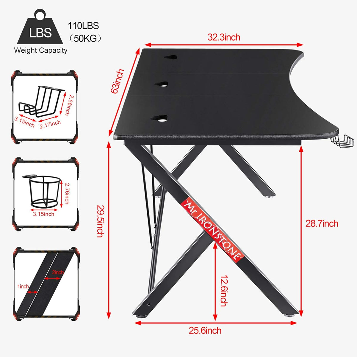 Black 63 W x 32 D Gaming Desk with Cup Holder and Headphone Hook I65003
