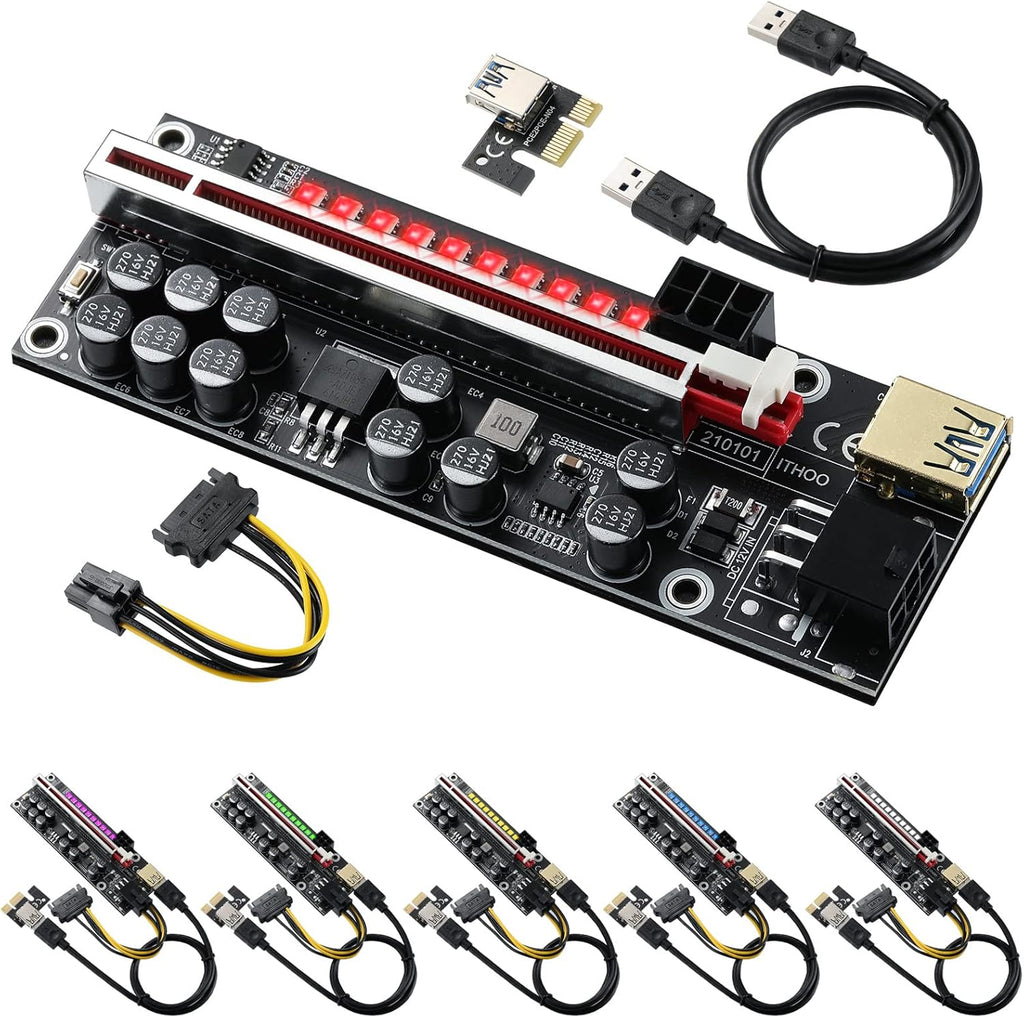 Black PCI-E 1X to 16X Riser Card with 24in USB 3.0 Extension Cable & 6PIN SATA Power Cable (6 Pieces) Y2330