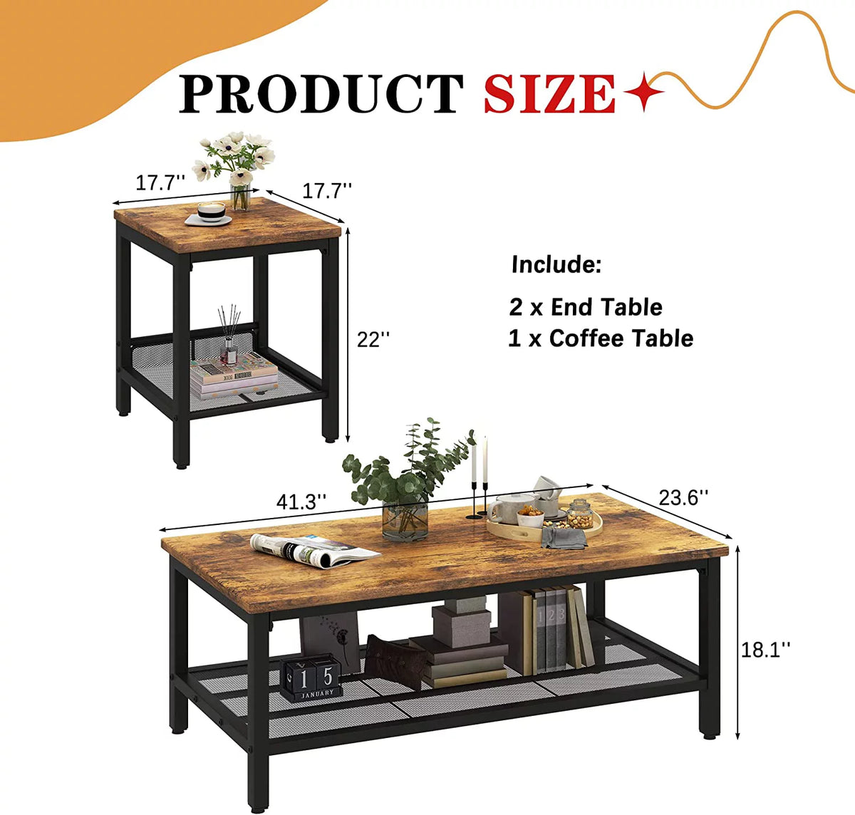 3 Pieces Industrial Coffee Table Set with Metal Frame C650
