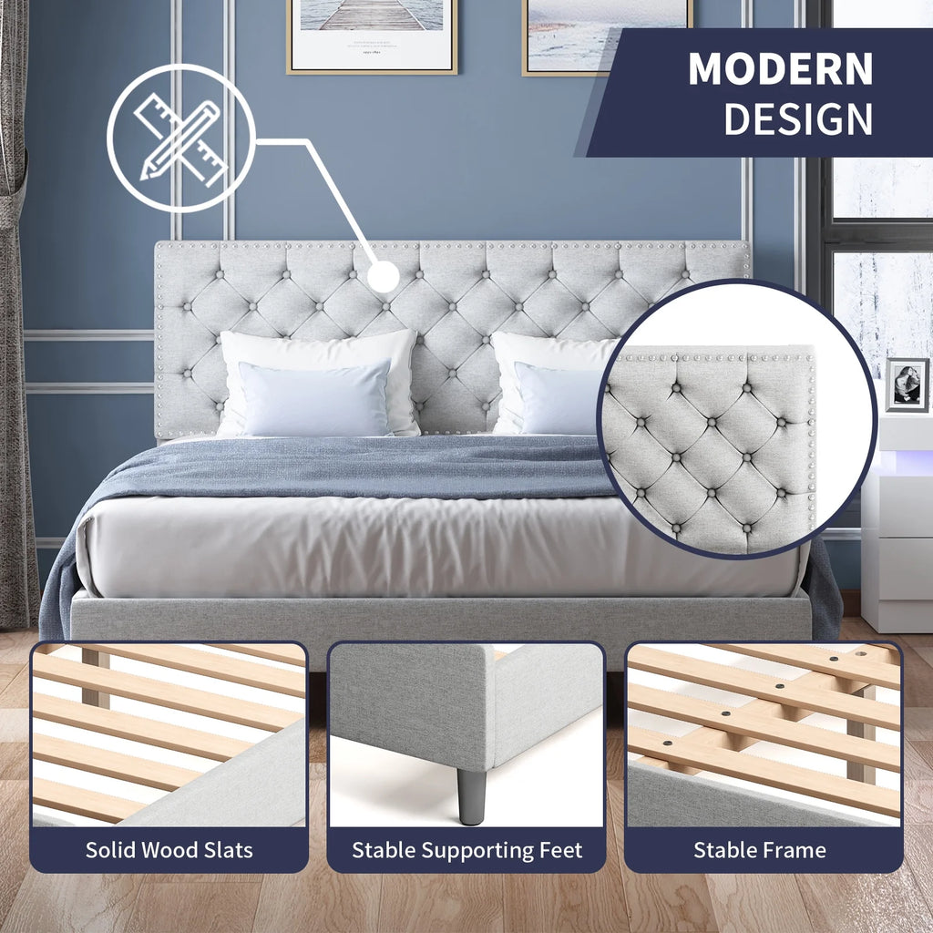 King Upholstered Platform Bed Frame with Adjustable Headboard L6620