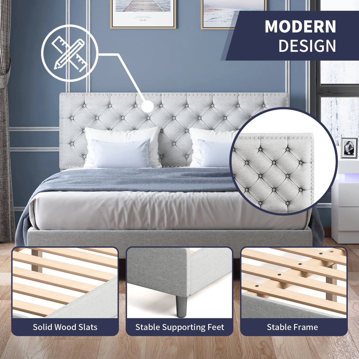 King Upholstered Platform Bed Frame with Adjustable Headboard L6620
