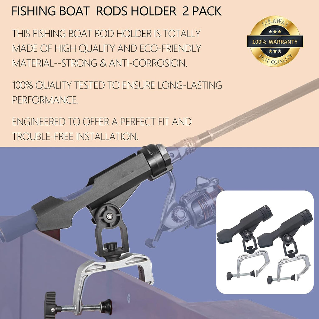 Fishing Rod Holders for Boat Canoe Folding Holder with 360 Degree Adjustable Large Clamp Opening - 2 Pack U242074