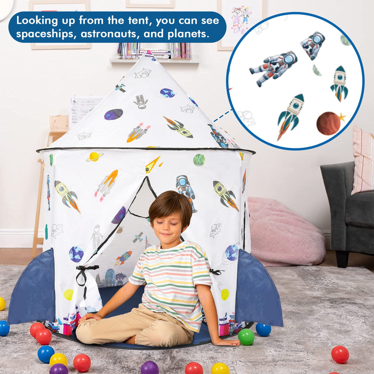 Kids Tent Rocket Ship Toy Foldable Space Themed Indoor Outdoor Large Play Tent C872