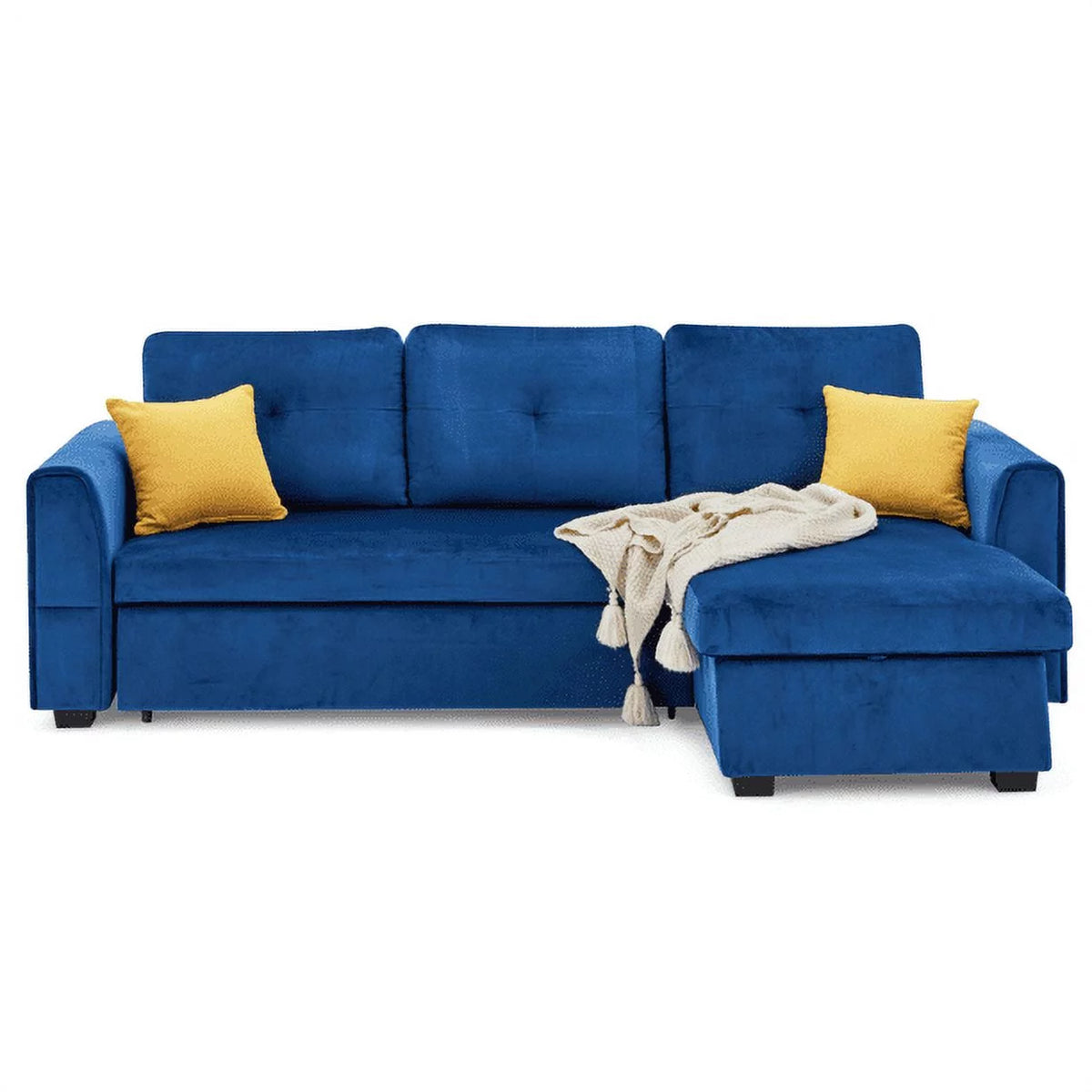 Blue Flannel L-Shaped Sleeper Sofa with Storage Ottoman F2746