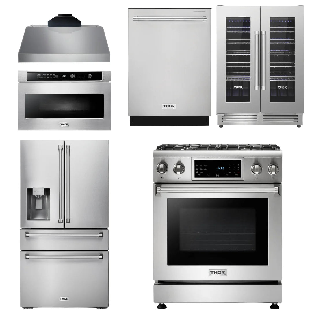 30 Gas Range, Range Hood, Microwave, Refrigerator with Water and Ice Dispenser, Dishwasher, Wine Cooler G862841