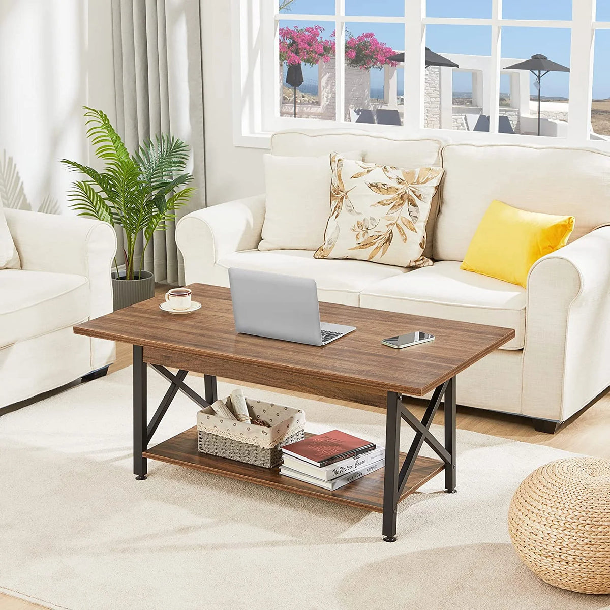 Large Walnut Coffee Table with Storage Shelf C138