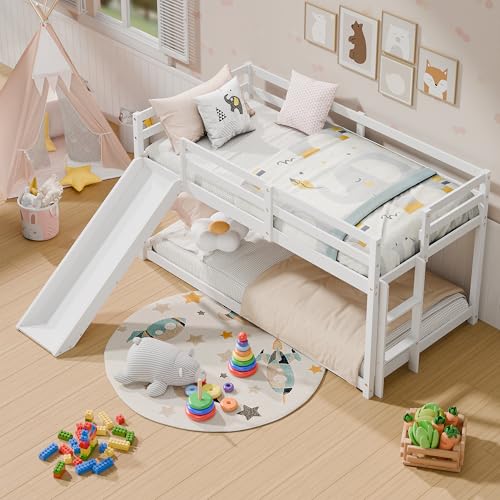 White Twin Wood Bunk Bed with Slide and Ladder J231279