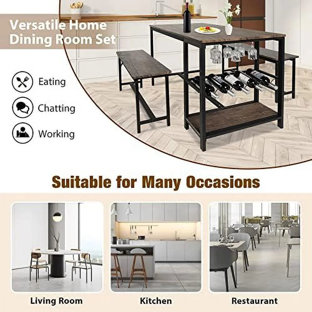 Dining Table Set 4 with 2 Benches 3-Piece Wood Rustic Brown & Black B4934